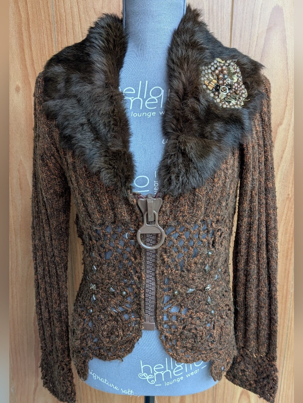 Identity Club Genuine Rabbit Fur Trim Chunky Marled Knit Cardigan Jacket S/M